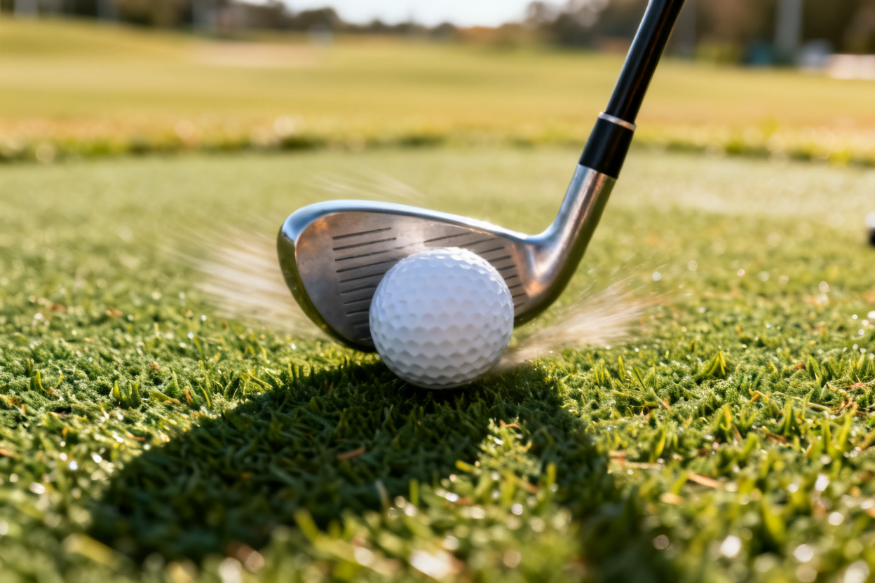 Close-up of golf club making contact with ball