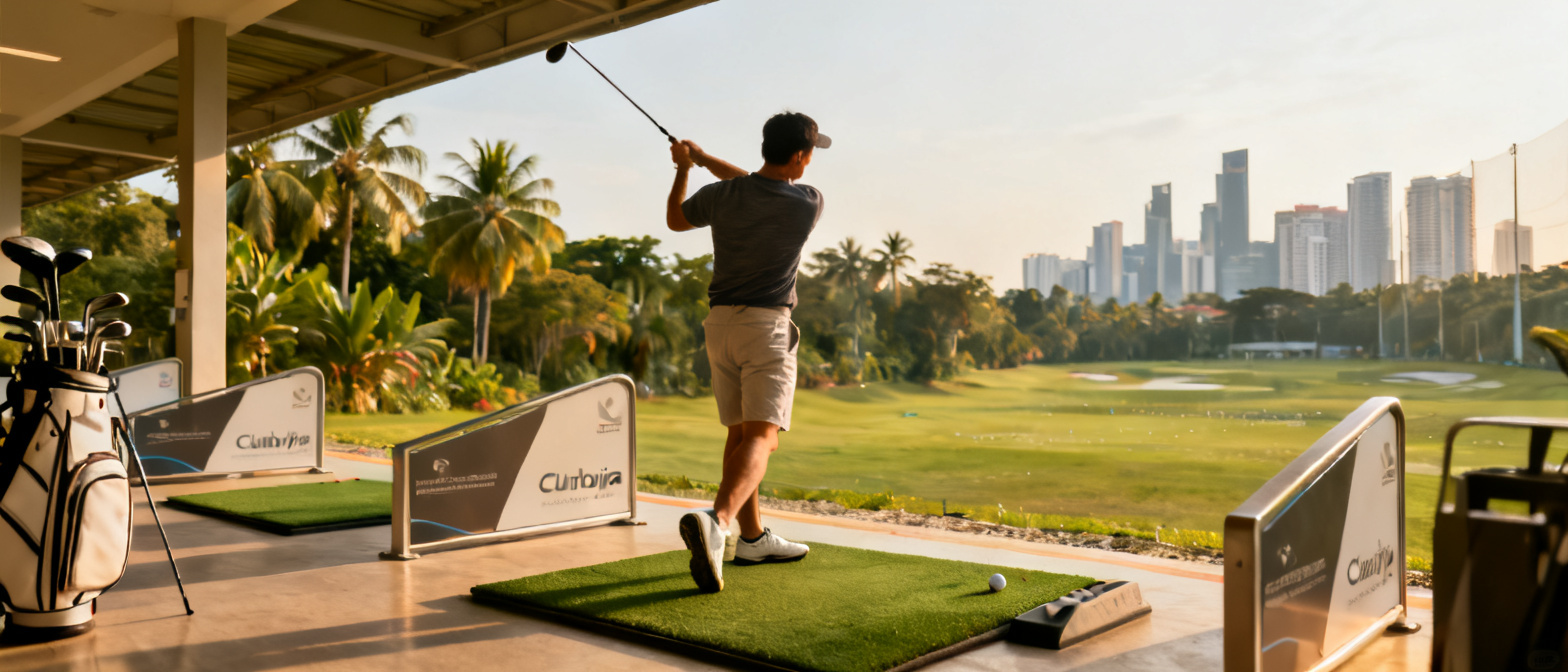 Golfer swinging at an open-air bay, daylight