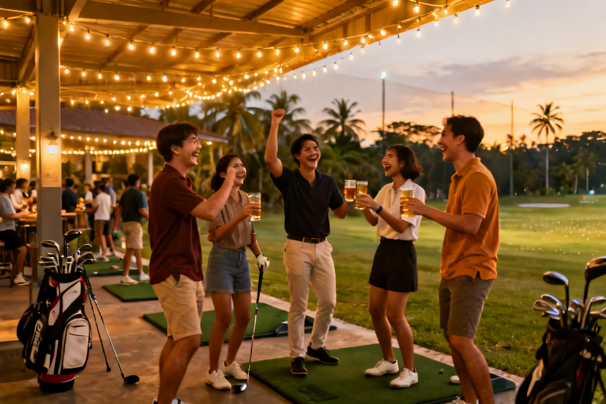 Friends celebrating together at the range in the evening
