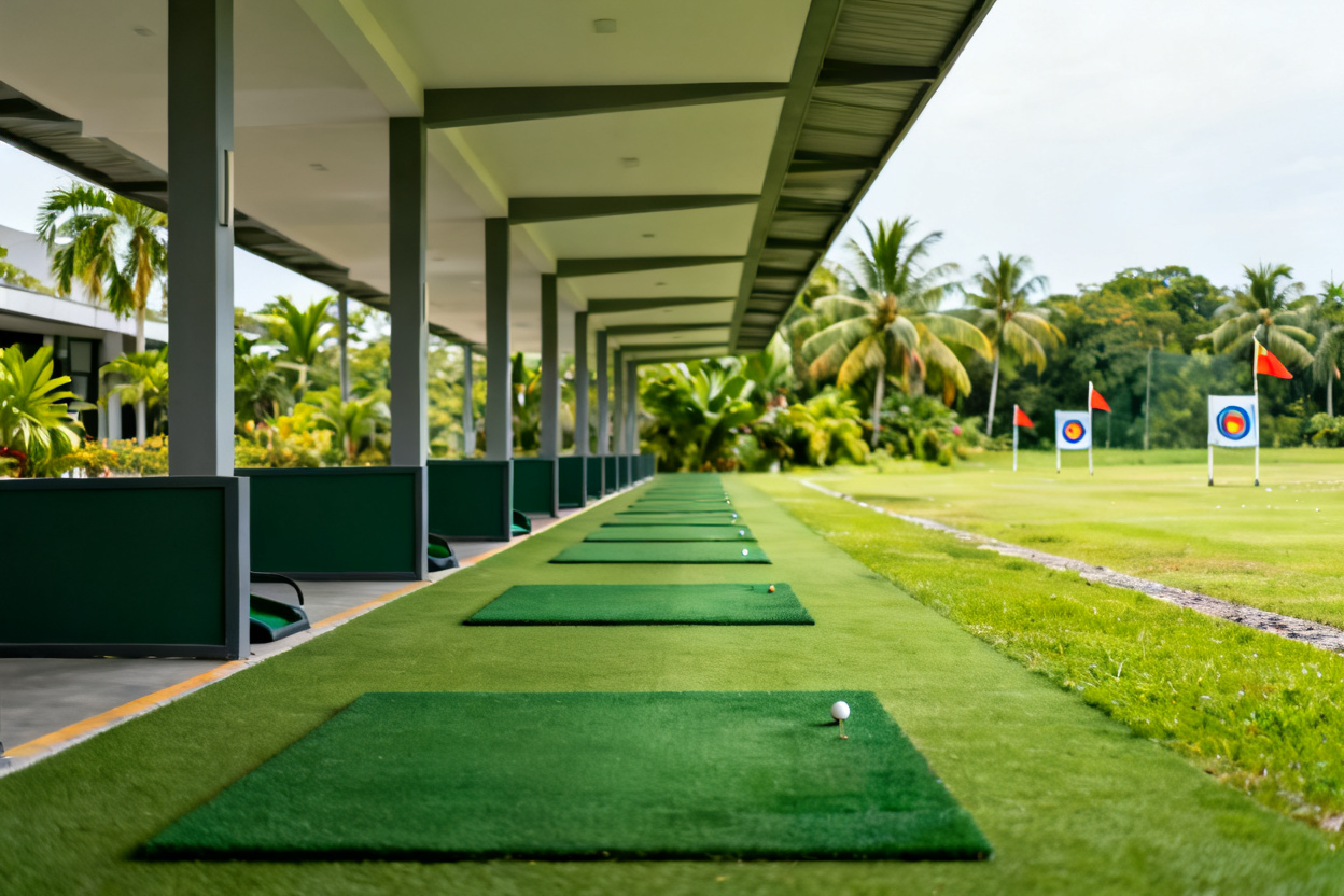 Row of open-air driving range bays