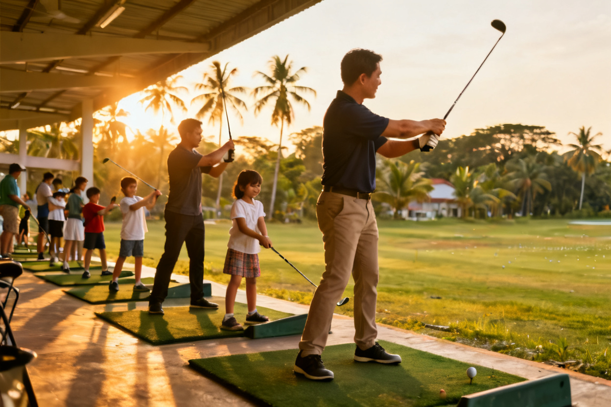 Group of adults and children swinging golf clubs together